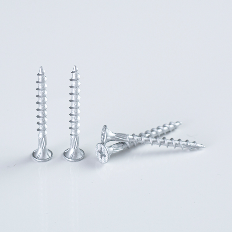 Tornillo para madera con cabeza avellanada de malla y 4 nervaduras, con recubrimiento Ruspert plateado